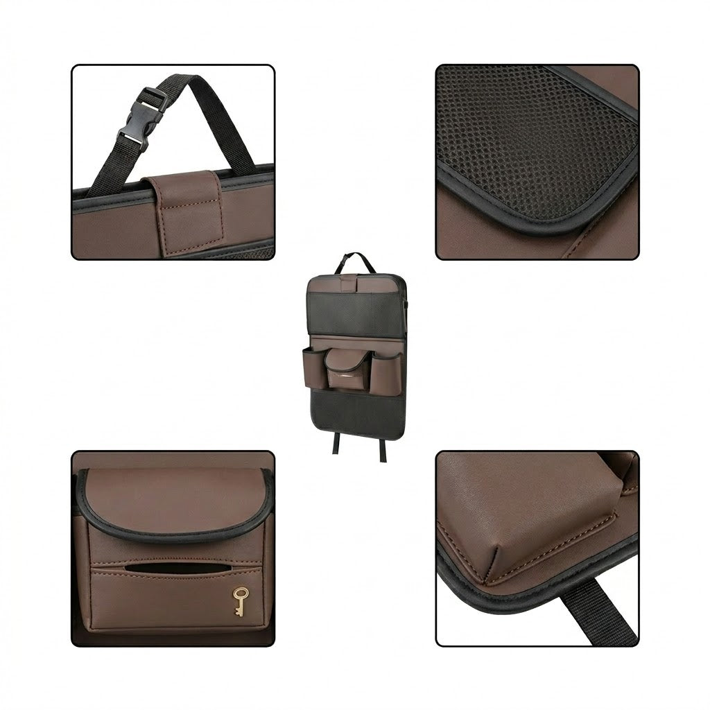 Premium Leather Car Backseat Organizer with Foldable Dining Table